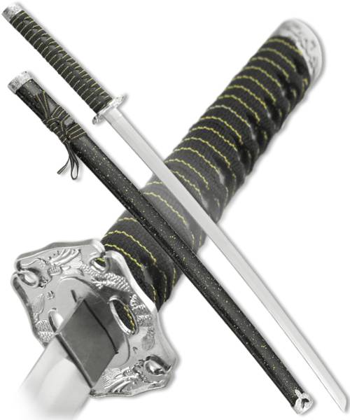 Меч самурайский черно-золотой с серебряной гардой