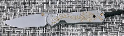 Нож Large Sebenza 21 Unique Graphics Gold Leaf, Stainless Basket Weave Damascus